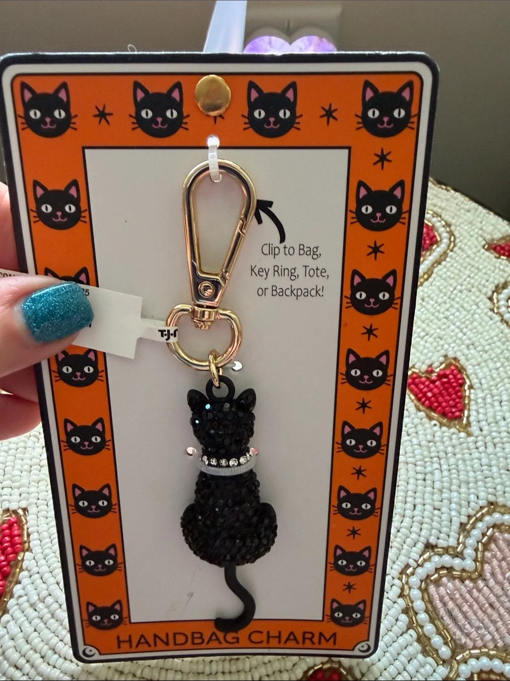 T.J.Maxx Black Sparkle Cat Keychain with Gold Clip